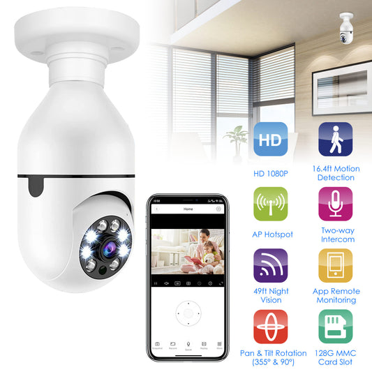 1Pc E27 WiFi Bulb Camera - 1080P FHD Security Surveillance with Pan Tilt, Two-Way Audio, Night Vision, and Motion Detection Control