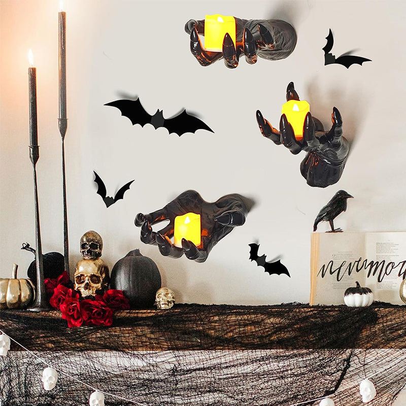🖤 Spooky Wall Hand Decor Kit – Creepy Halloween Resin Hands with Bats & Candles