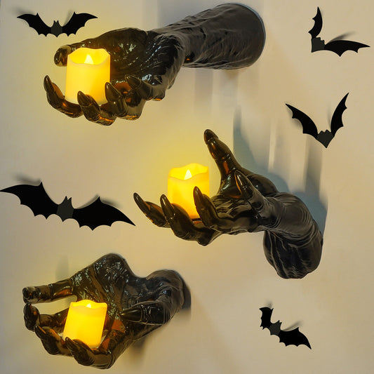 🖤 Spooky Wall Hand Decor Kit – Creepy Halloween Resin Hands with Bats & Candles