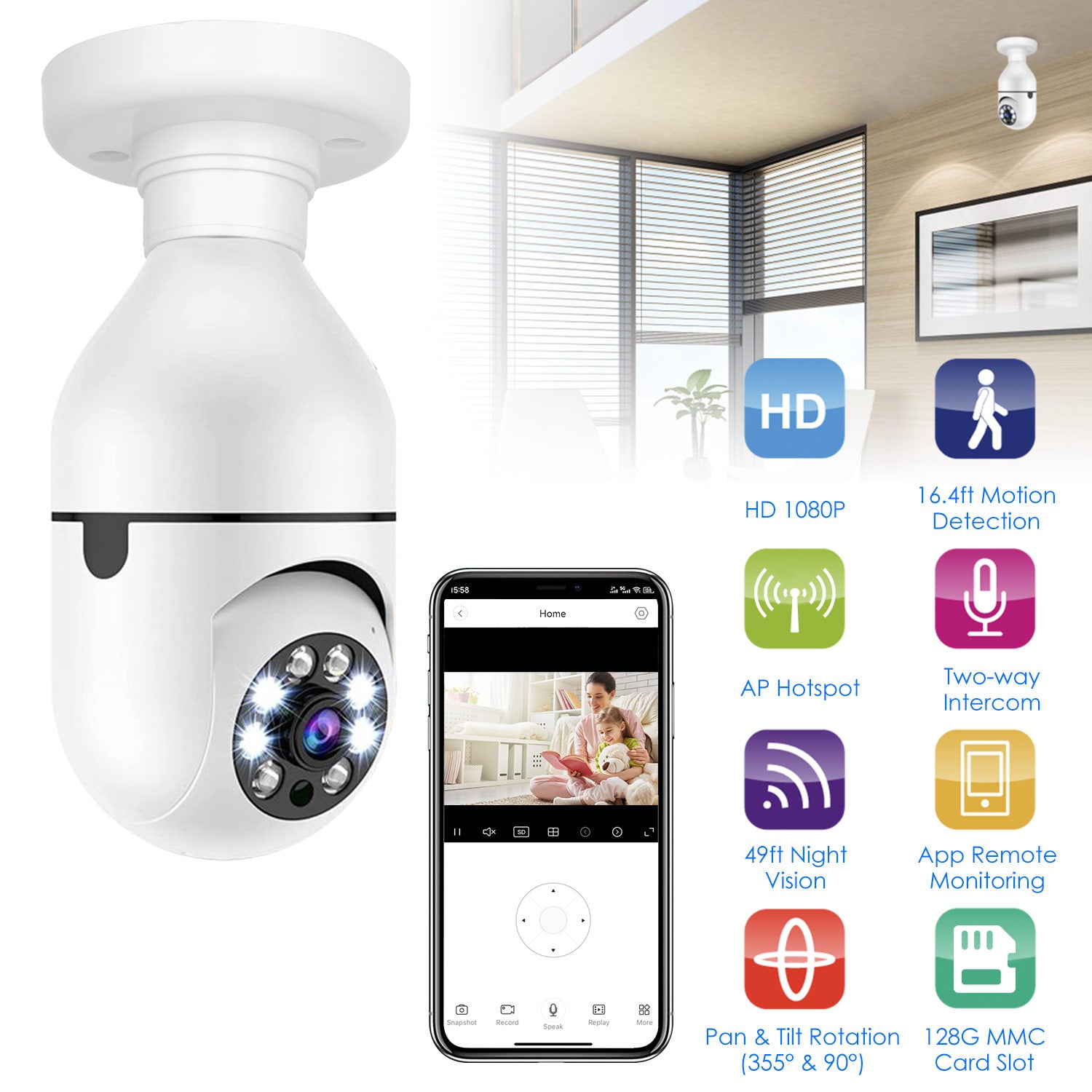 1Pc E27 WiFi Bulb Camera - 1080P FHD Security Surveillance with Pan Tilt, Two-Way Audio, Night Vision, and Motion Detection Control